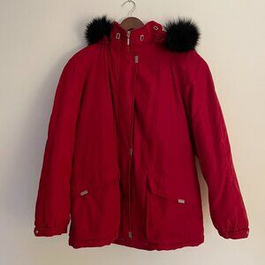 Mackintosh New England Women's Vintage Red Coat with Black Fur Trim, Size 2X